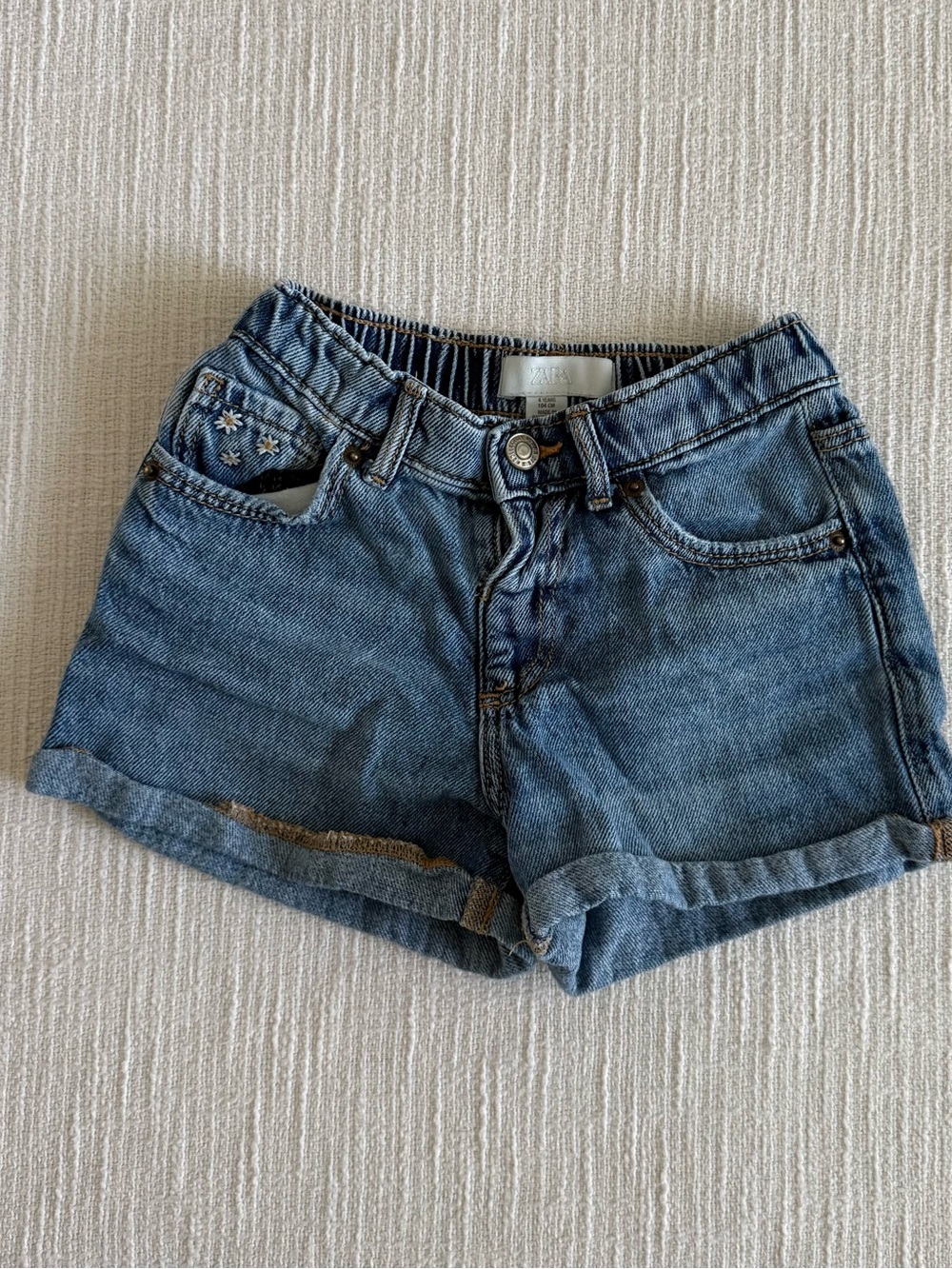 Zara Blue Denim Shorts with Embroidered Daisy Pocket